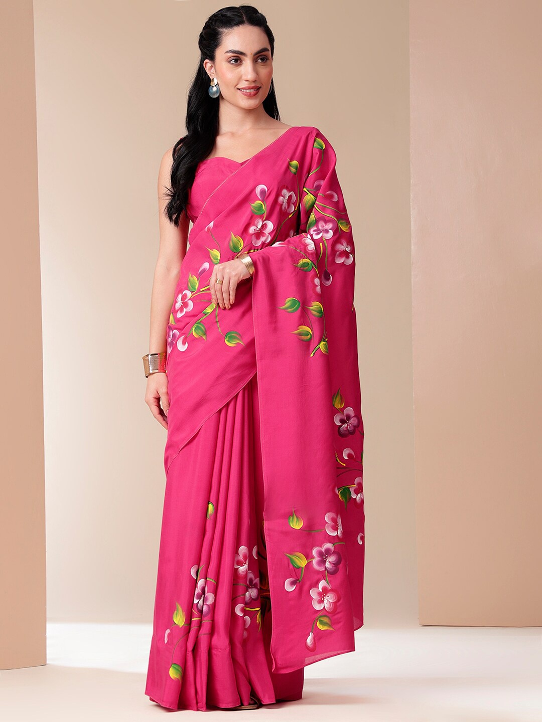 

DiraByDimple Handpainted Floral Pure Cotton Saree, Pink