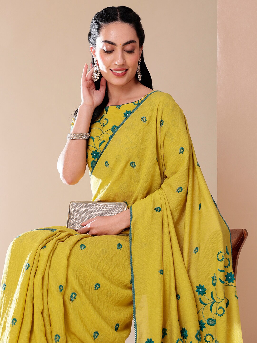 

DiraByDimple Floral Embroidered Pure Cotton Saree, Mustard