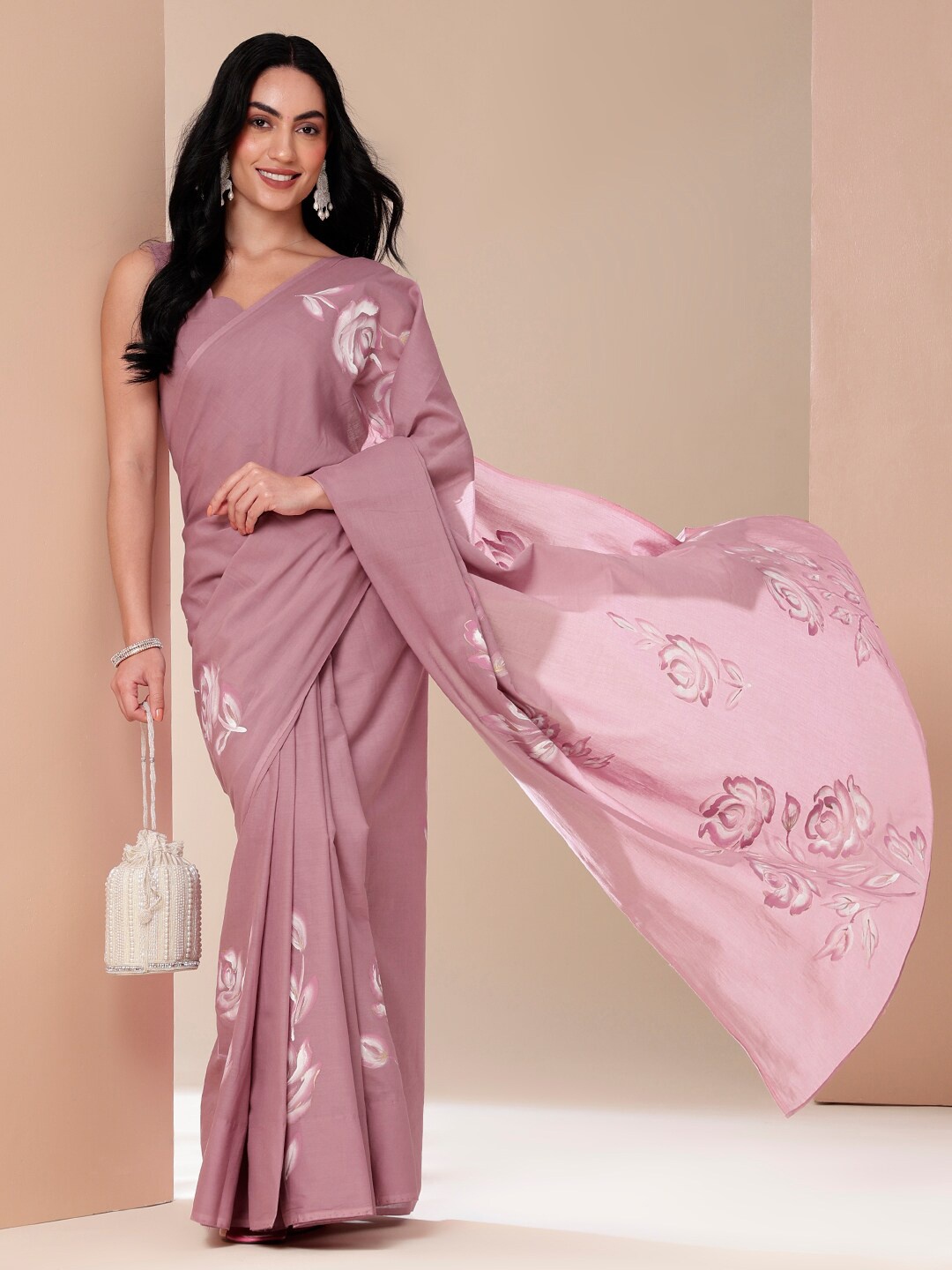 

DiraByDimple Floral Pure Cotton Saree, Peach