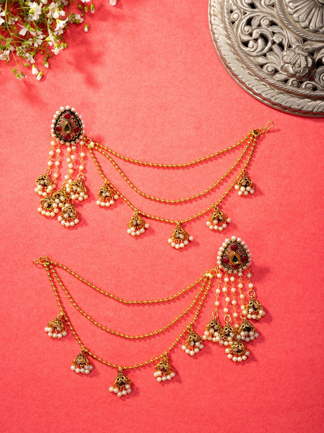 

Niscka Gold-Plated Artificial Stones Studded Jhumkas Earrings With Triple Layer Chain, Red