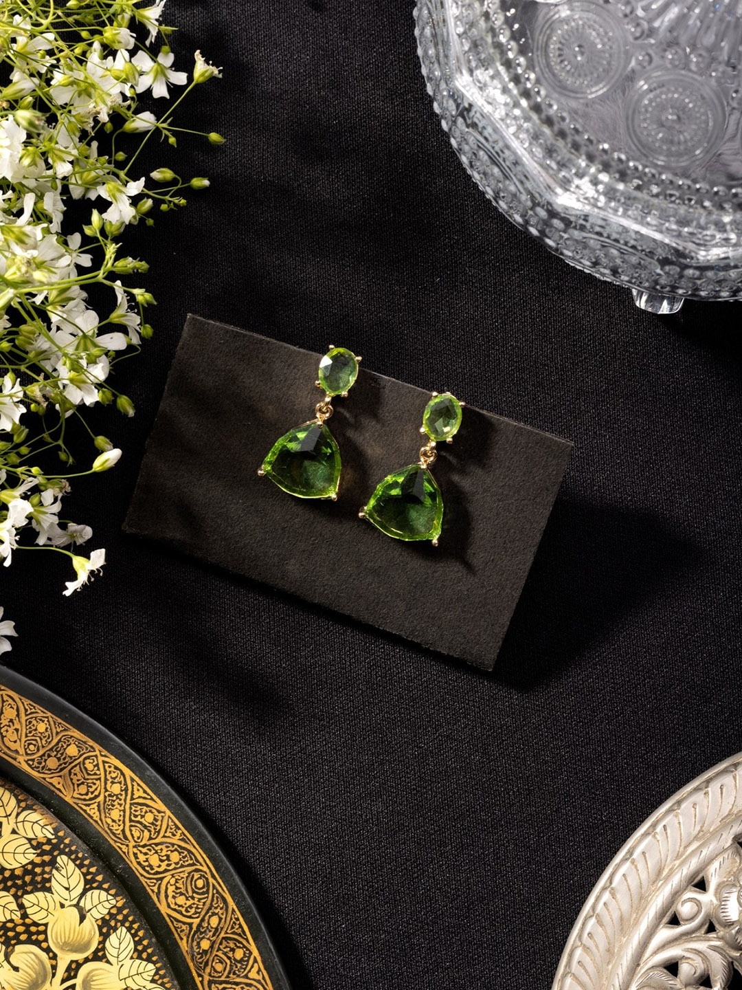 

Niscka Gold-Plated Cubic Zirconia Studded Drop Earrings, Green