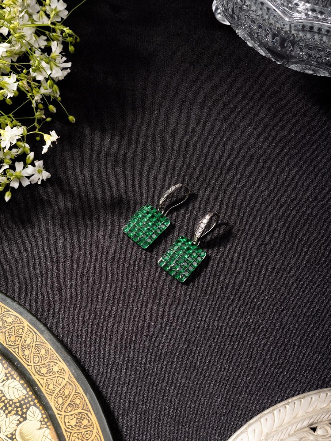 

Niscka Rhodium-Plated Diamond Shaped Drop Earrings, Green