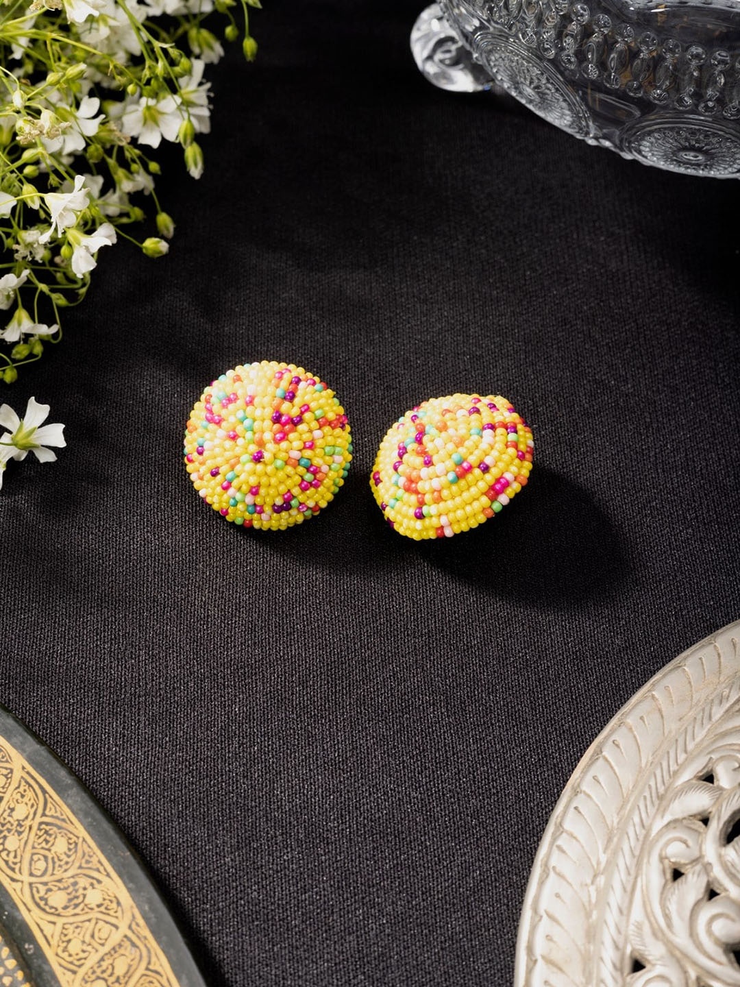 

Niscka Artificial Beads Beaded Circular Studs Earrings, Yellow