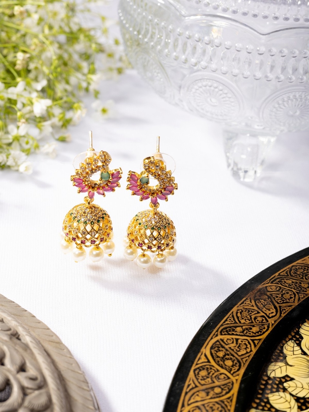 

Niscka Gold-Plated Cubic Zirconia Studded Diamond Shaped Jhumkas Earrings, Red