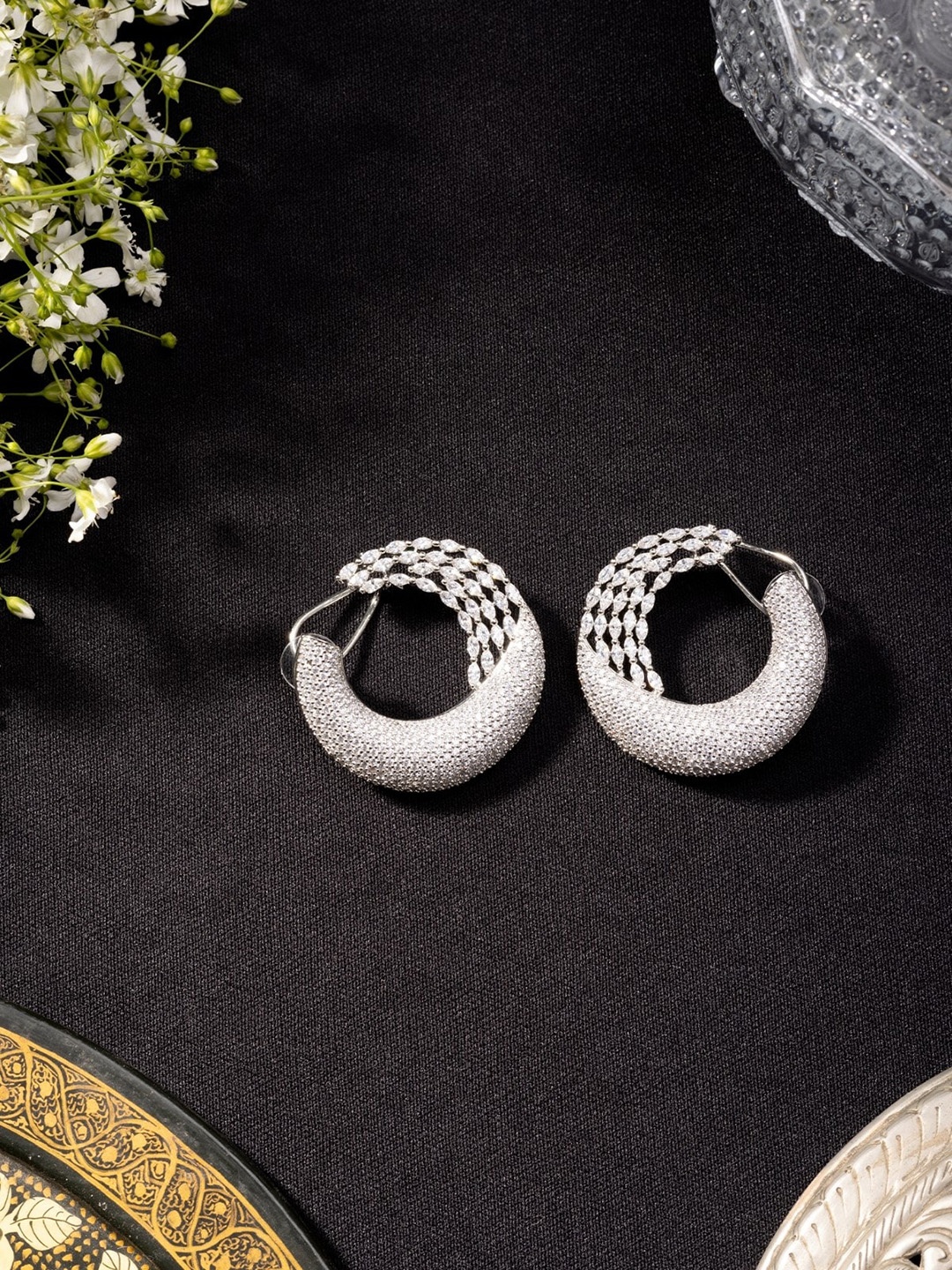 

Niscka Silver-Plated American Diamond Studded Drop Earrings, White