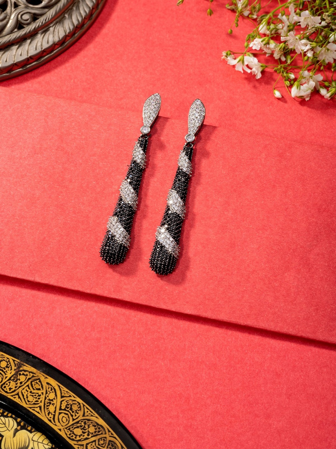 

Niscka Silver-Plated American Diamond Studded Drop Earrings, Black