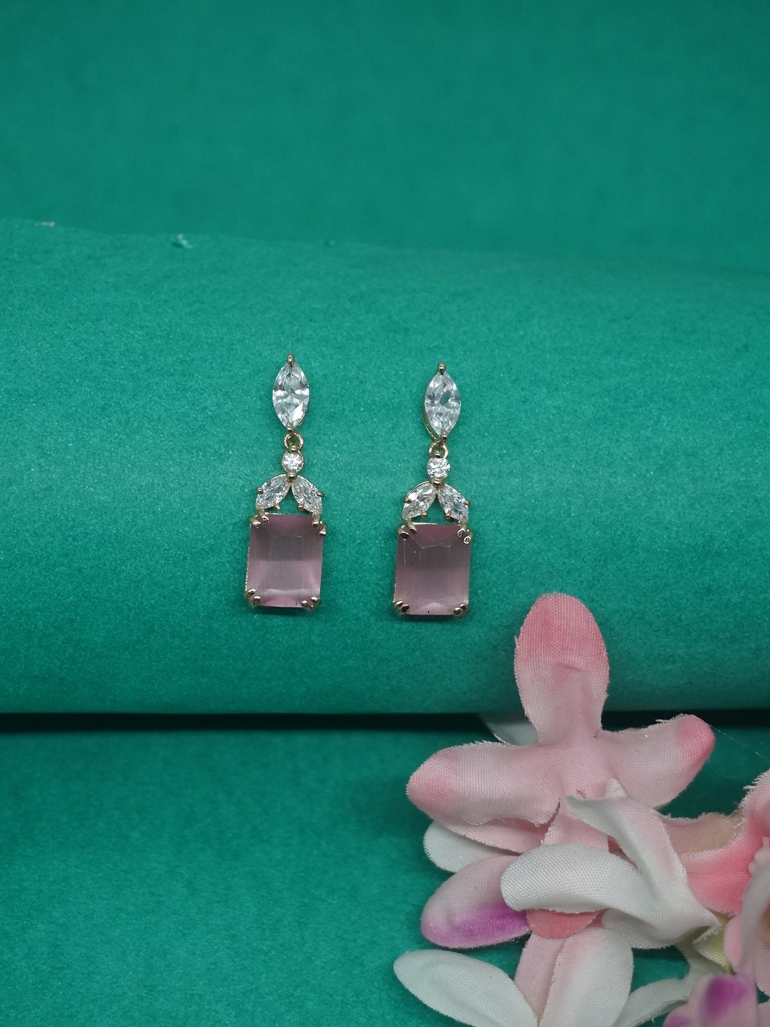 

Niscka Gold-Plated Cubic Zirconia Studded Contemporary Drop Earrings