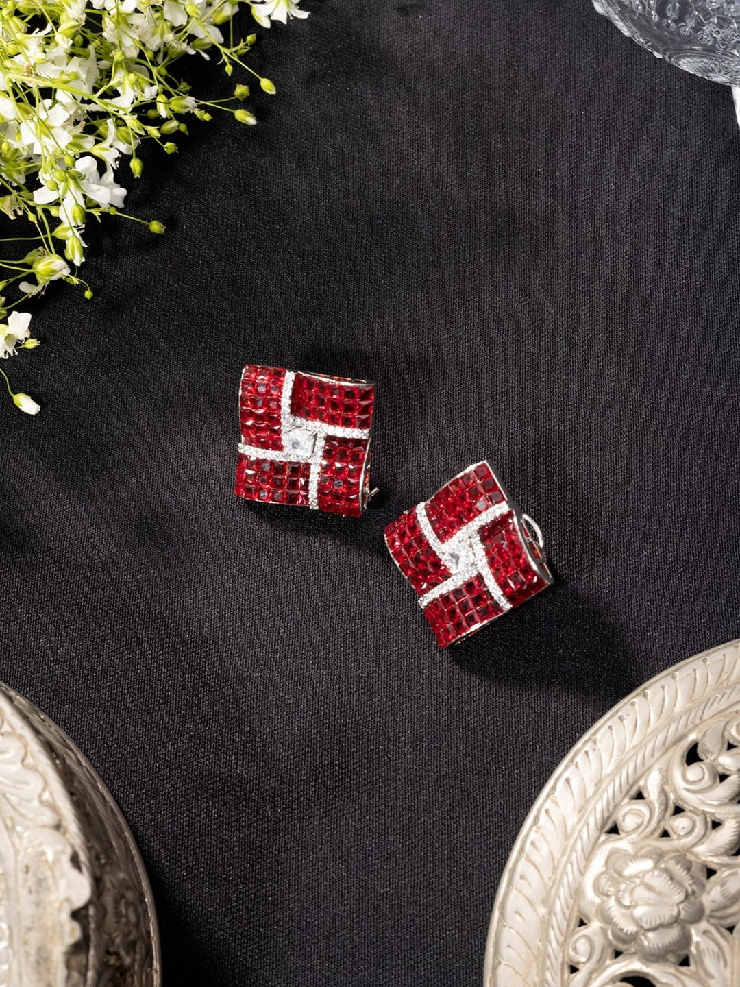 

Niscka Silver-Plated American Diamond Studded Studs Earrings, Red