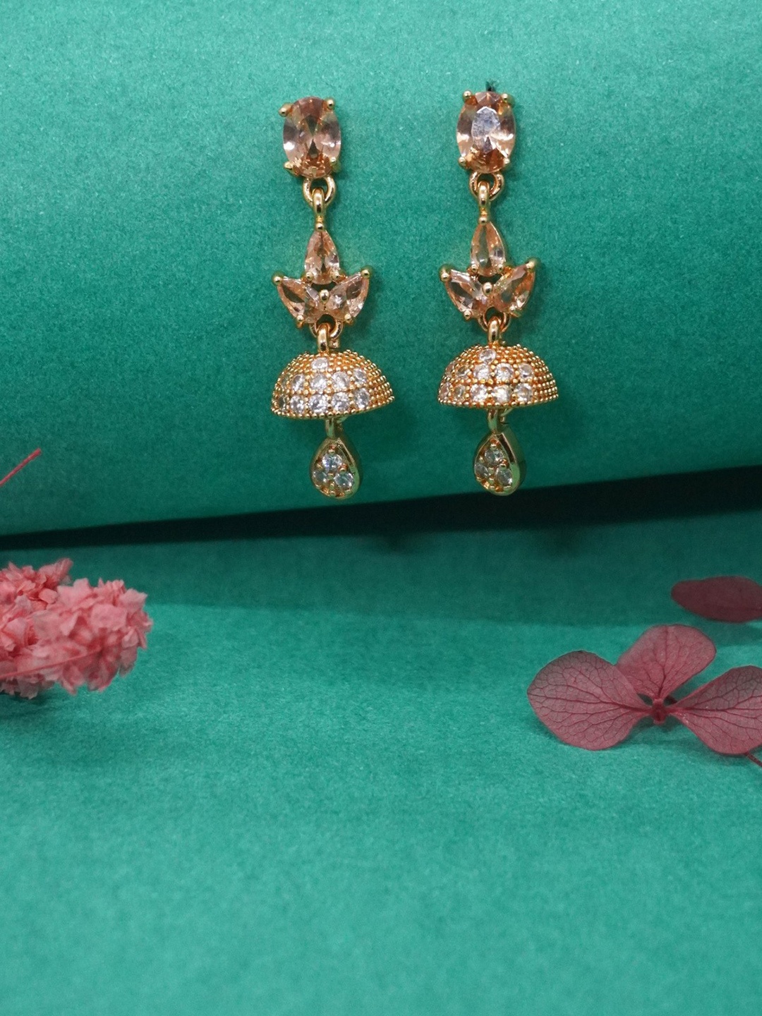 

Niscka 24 KT Gold-Plated Cubic Zirconia Studded Dome Shaped Jhumkas
