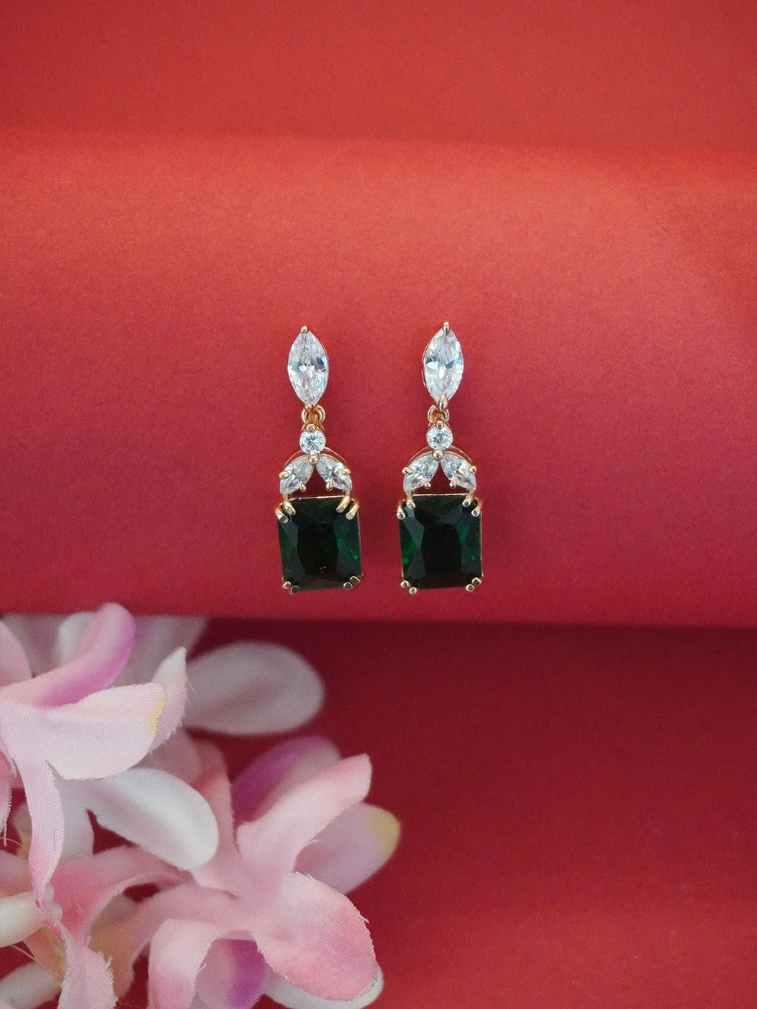 

Niscka Gold-Plated Cubic Zirconia Studded Diamond Shaped Drop Earrings, Green