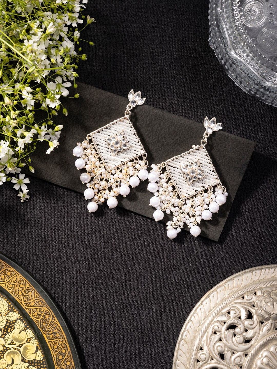 

Niscka Silver-Plated Pearls Beaded Drop Earrings, White