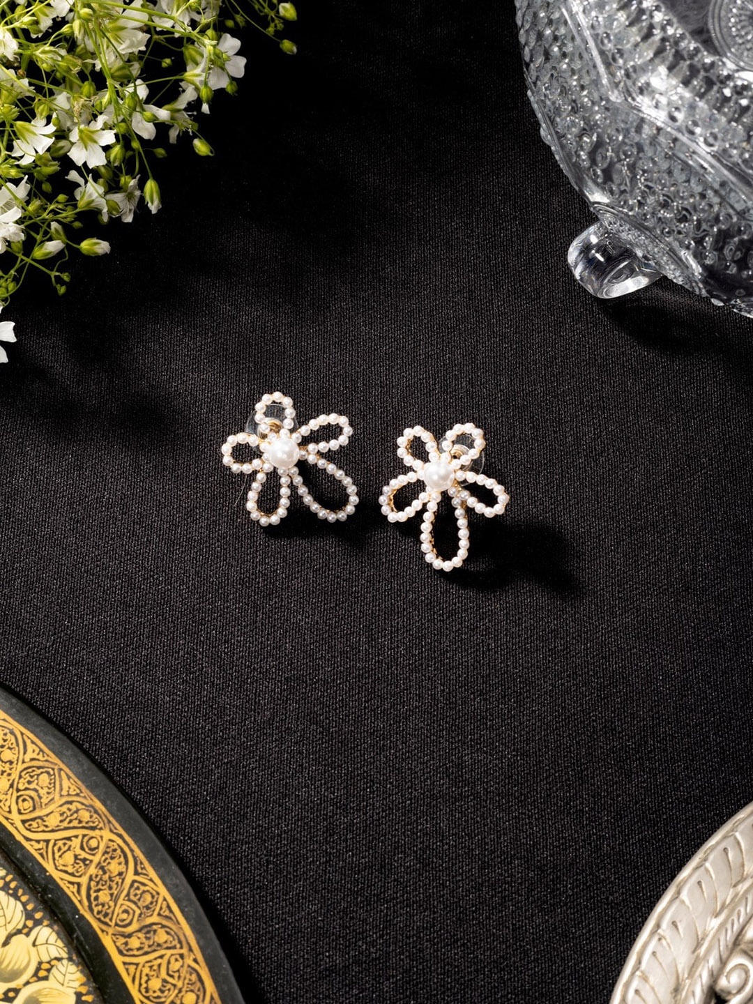 

Niscka Silver-Plated Beaded Floral Studs, White