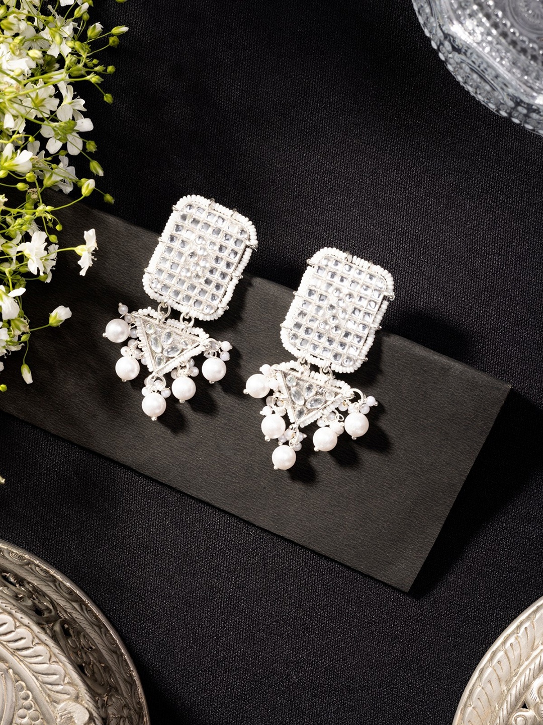 

Niscka Silver-Plated Kundan Studded Contemporary Drop Earrings