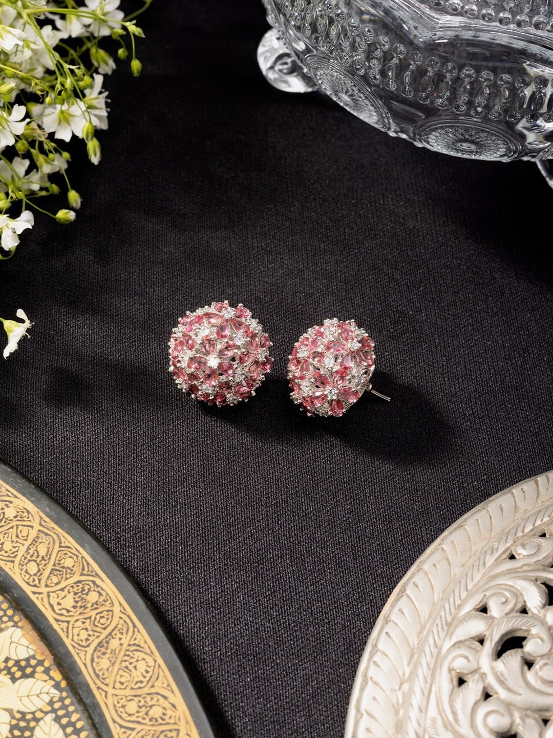 

Niscka Diamond Shaped Silver-Plated Cubic Zirconia Studded Studs Earrings, Red