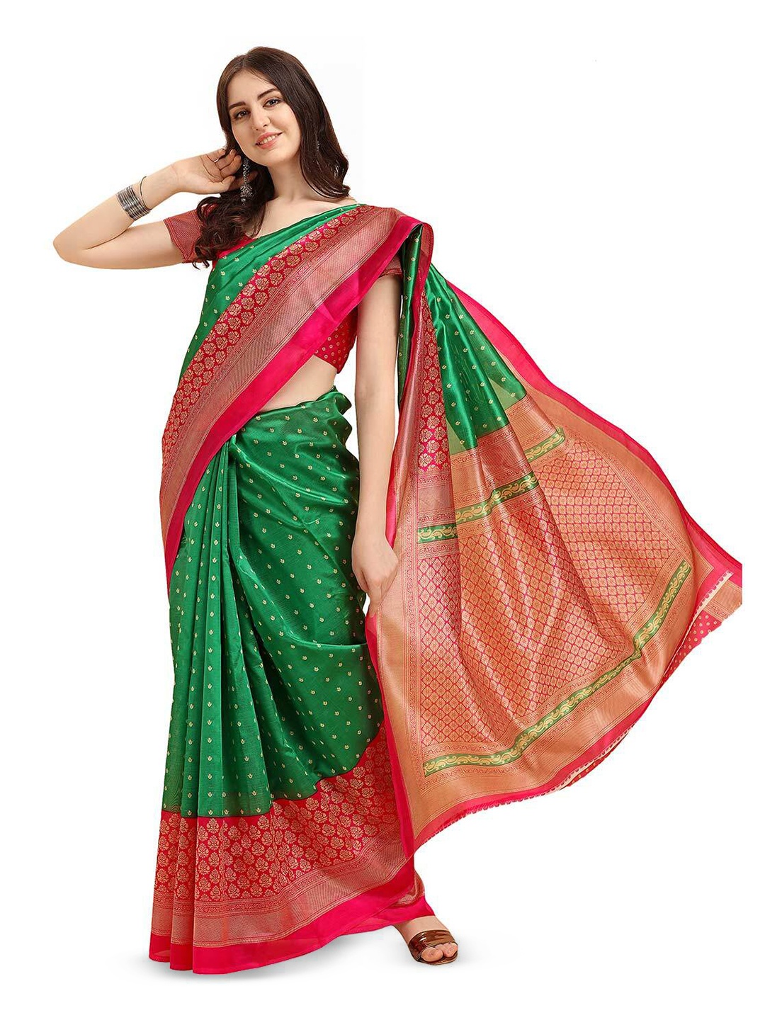 

DAZLIO Ethnic Motifs Printed Art Silk Banarasi Saree, Green