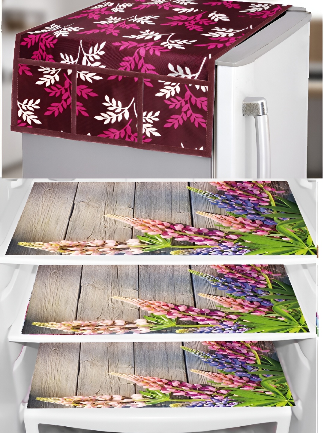 

REVEXO Purple & Beige 4 Pieces Printed Refrigerator Covers