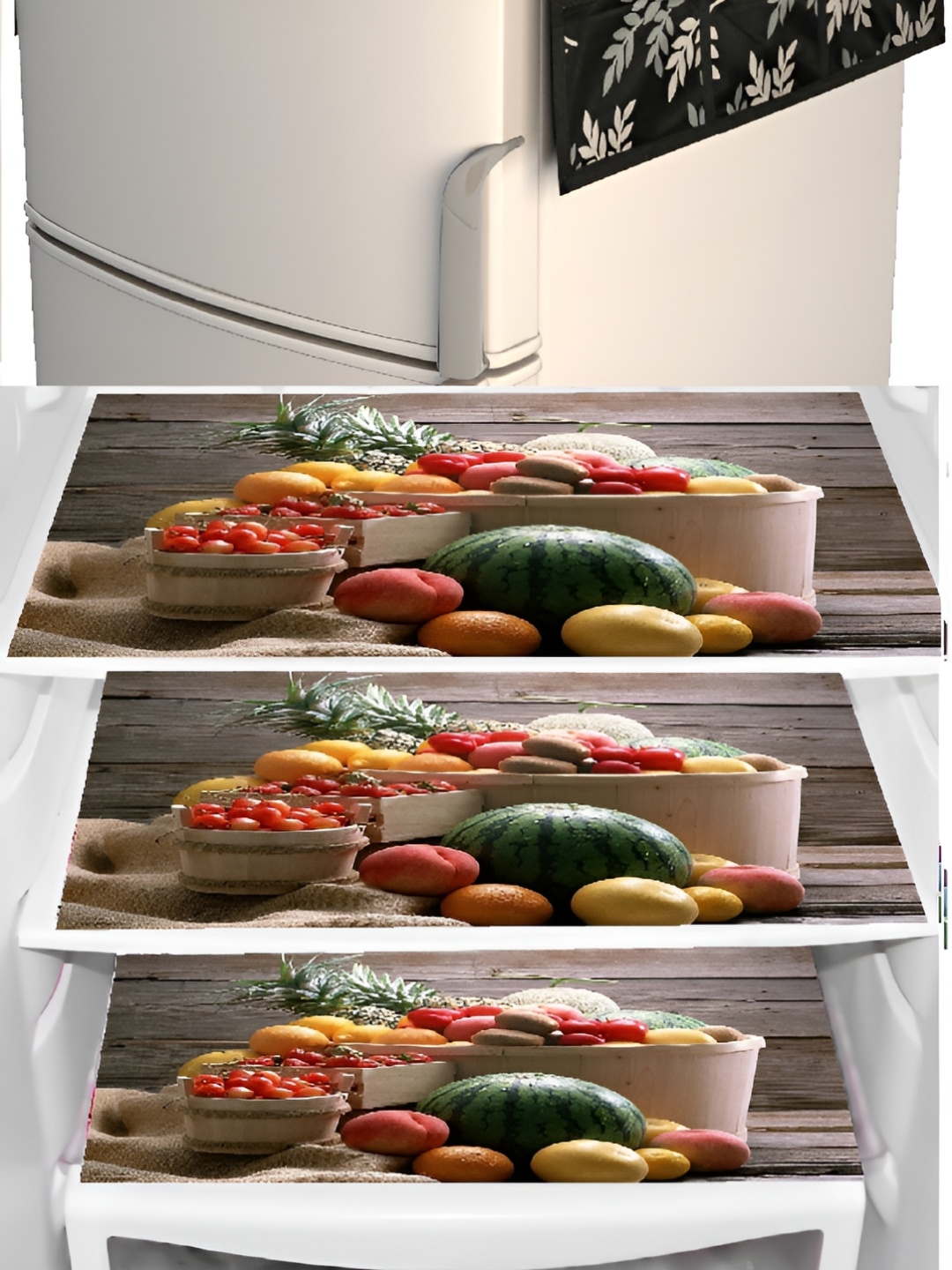 

REVEXO Black & Beige 4 Pieces Printed Refrigerator Covers