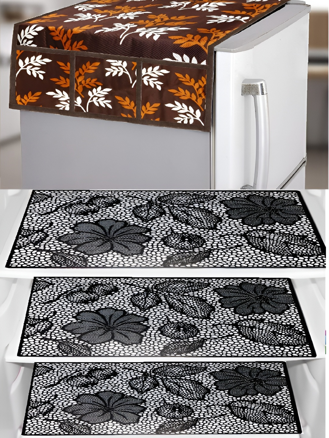 

REVEXO Brown & Black 4 Pieces Printed Refrigerator Covers