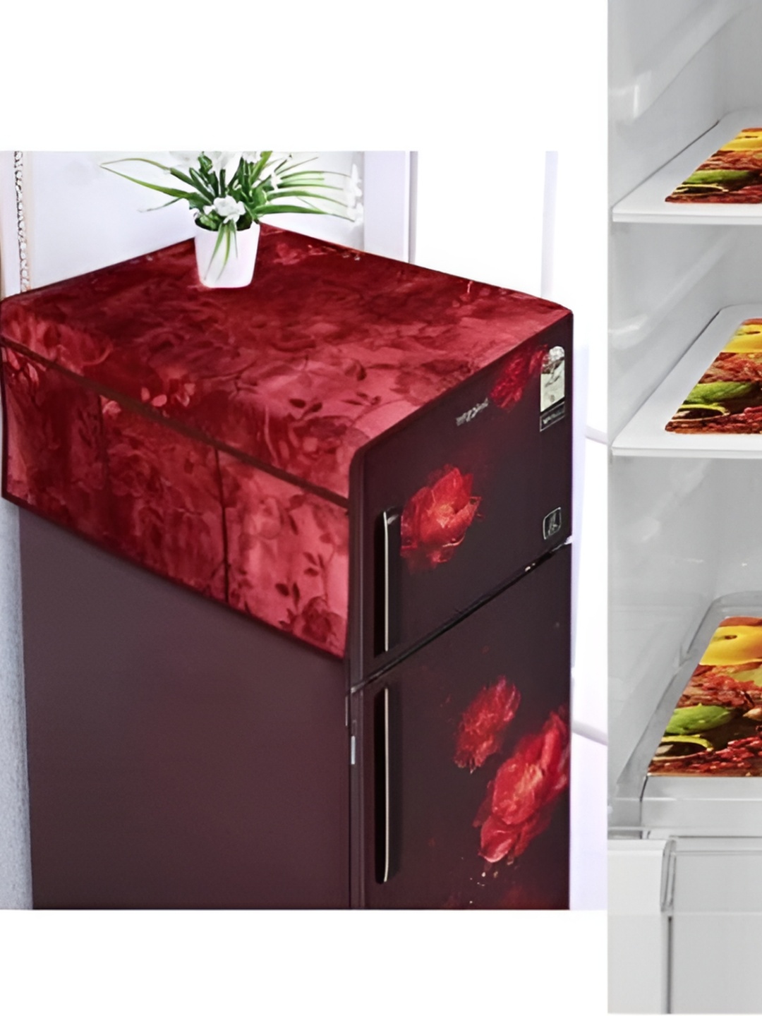 

REVEXO Red & Orange 4 Pieces Printed Refrigerator Covers