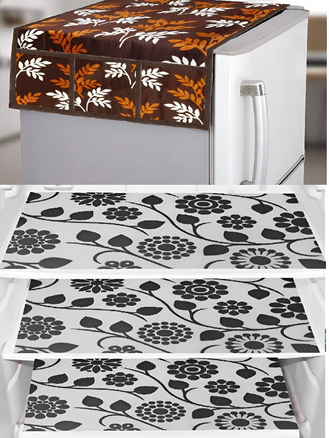 

REVEXO Brown & White 4 Pieces Printed Refrigerator Covers