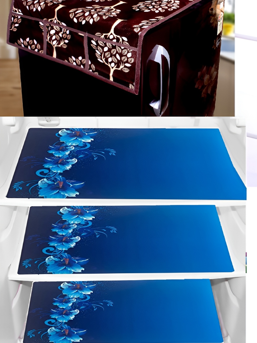 

REVEXO Brown & Blue 4 Pieces Printed Refrigerator Covers