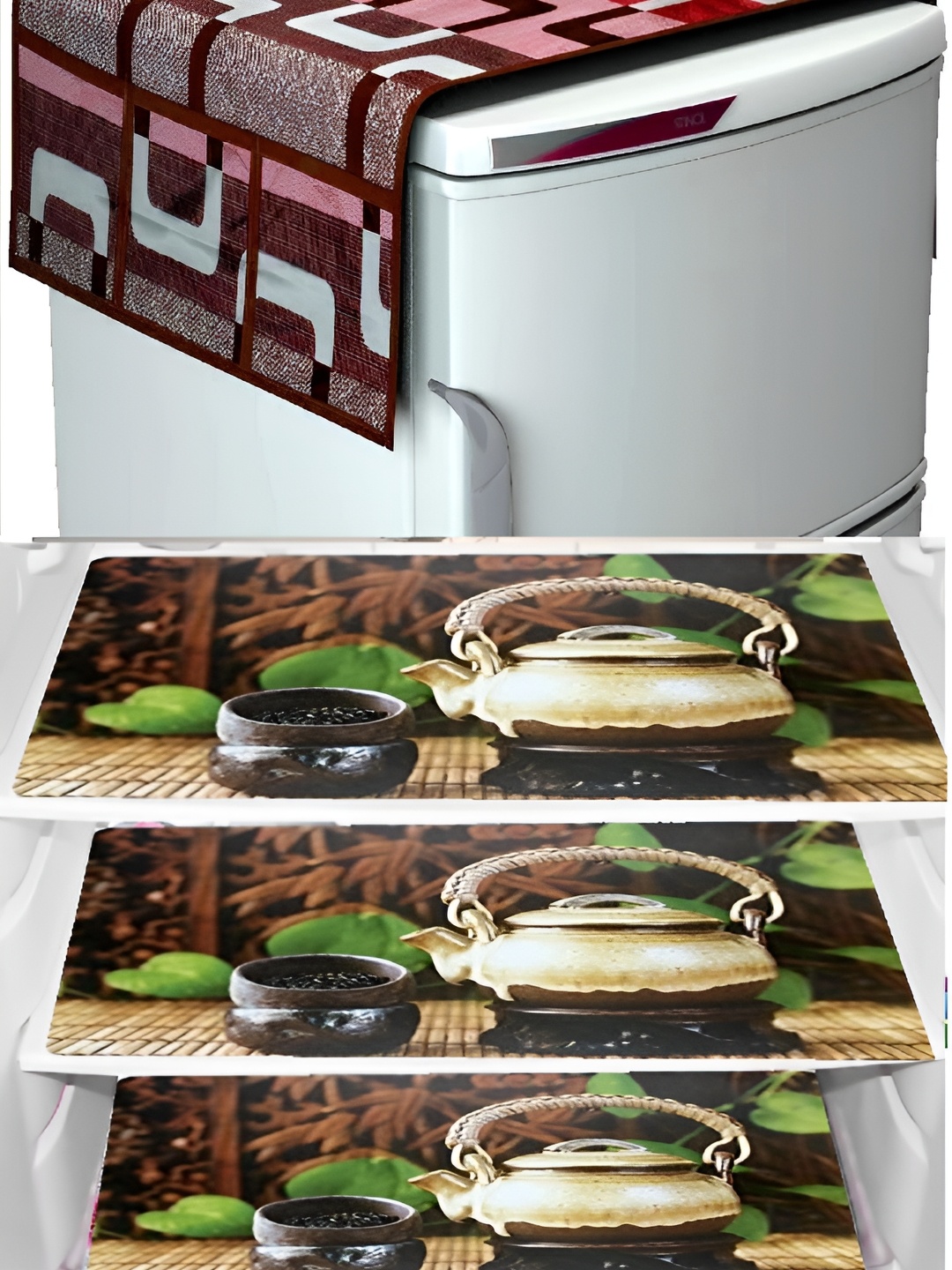 

REVEXO Red & Beige 4 Pieces Printed Refrigerator Covers