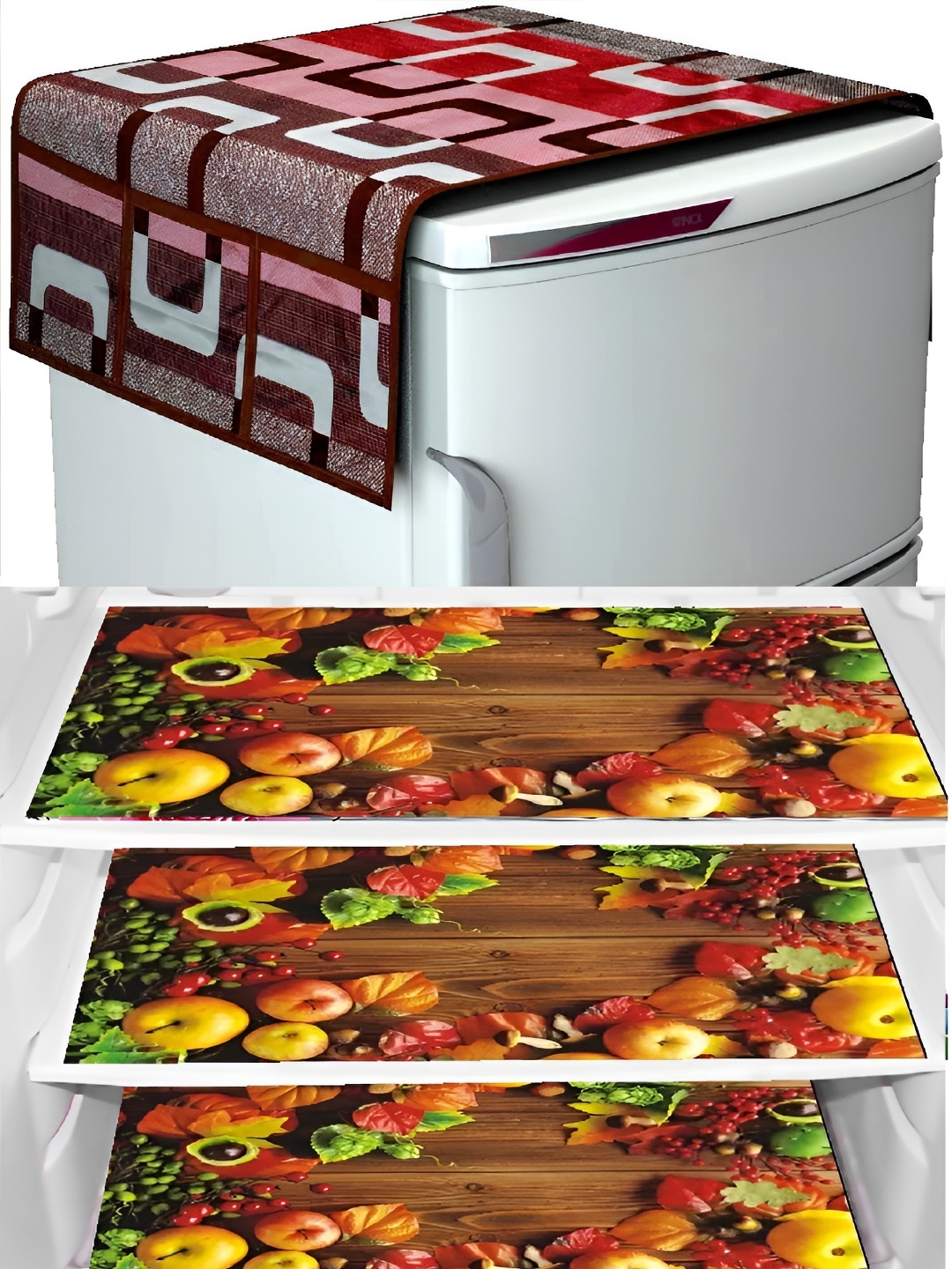 

REVEXO 4-pcs Red & Brown Printed Refrigerator Covers