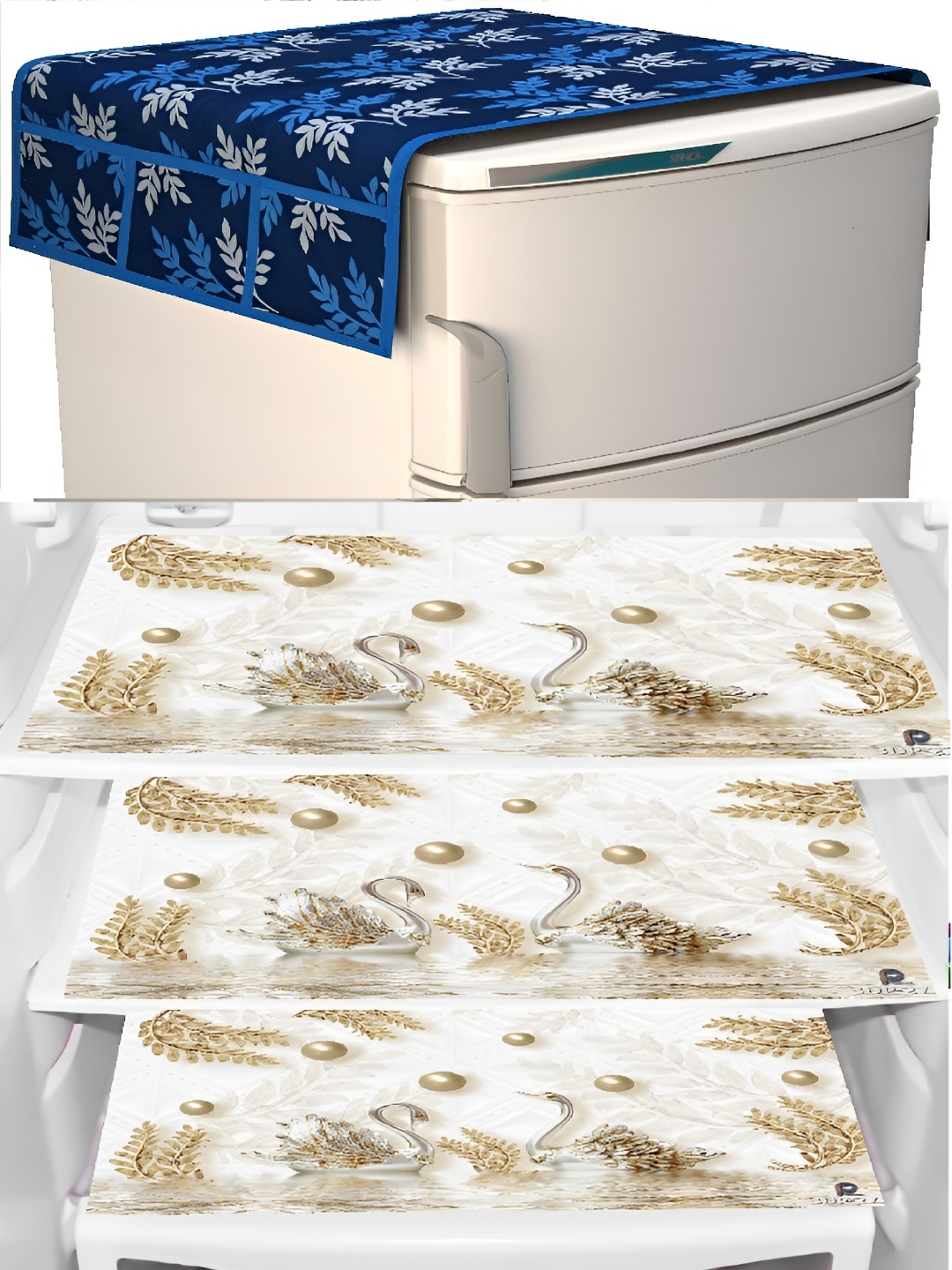 

REVEXO 4-pcs Blue & White Printed Refrigerator Covers