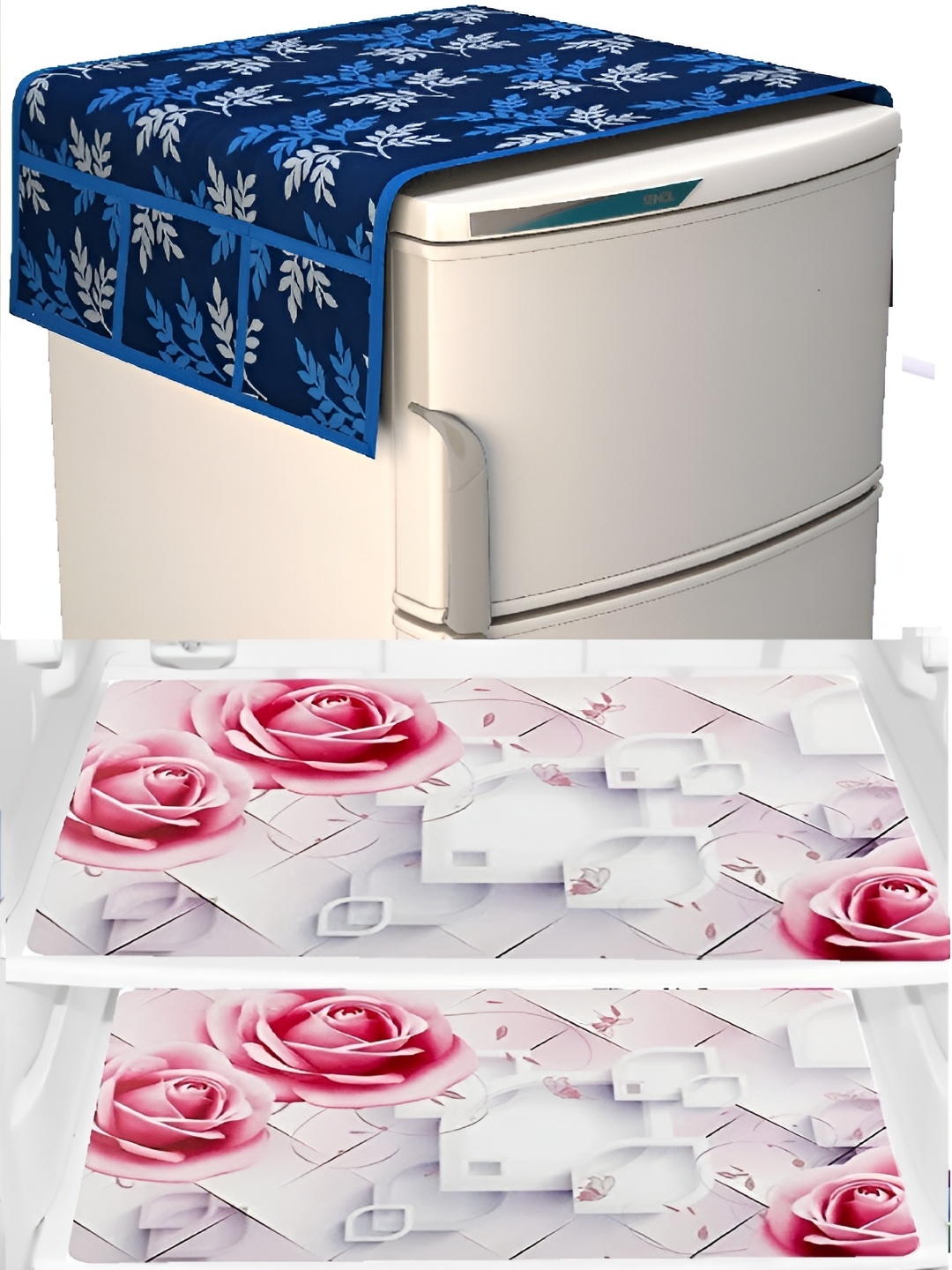 

REVEXO 4-pcs Blue & White Printed Refrigerator Covers