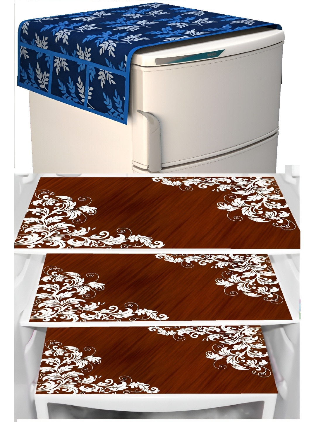 

REVEXO Blue & Maroon 4 Pieces Printed Refrigerator Covers