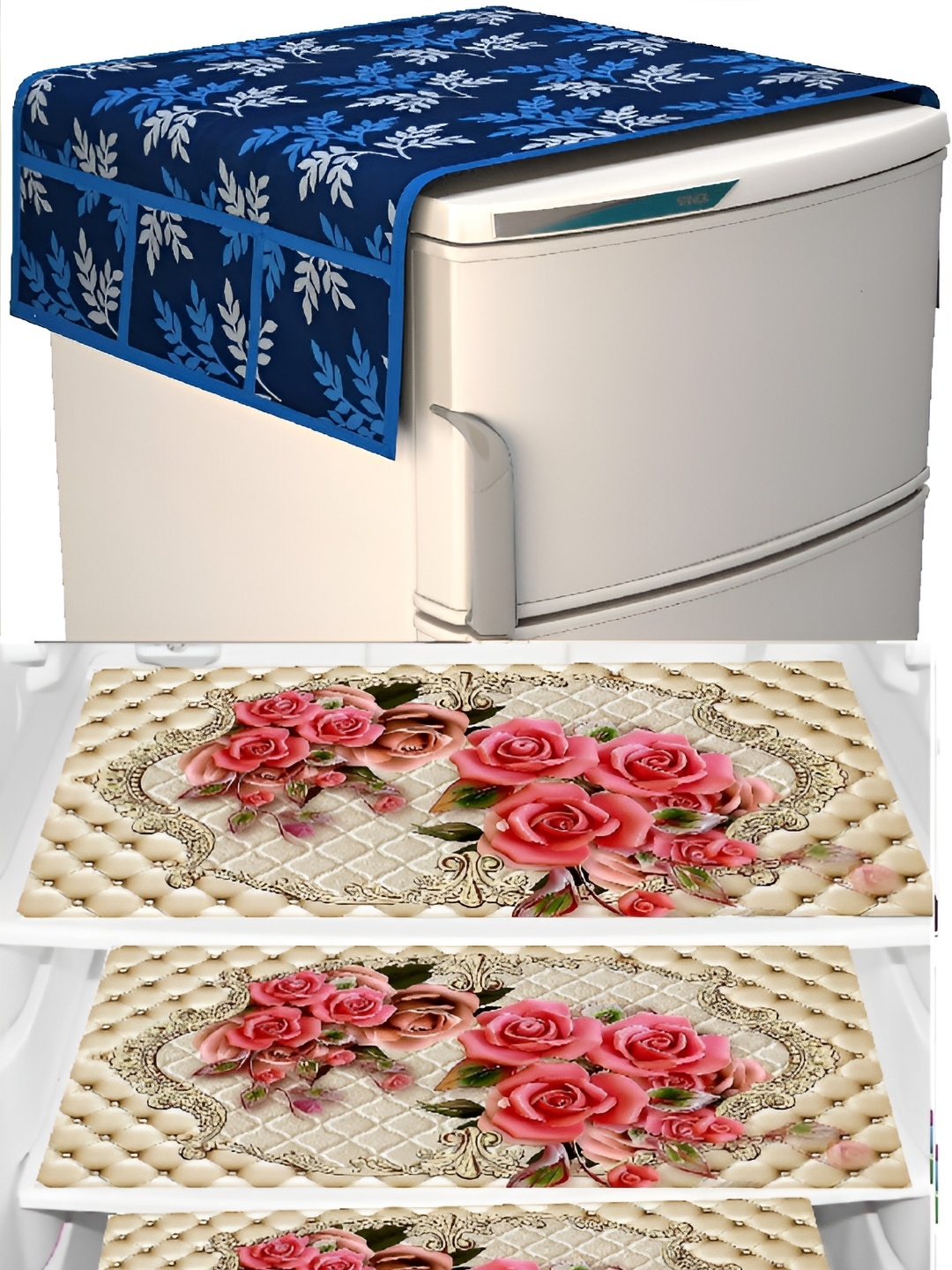 

REVEXO Blue & Beige 4 Pieces Printed Refrigerator Covers