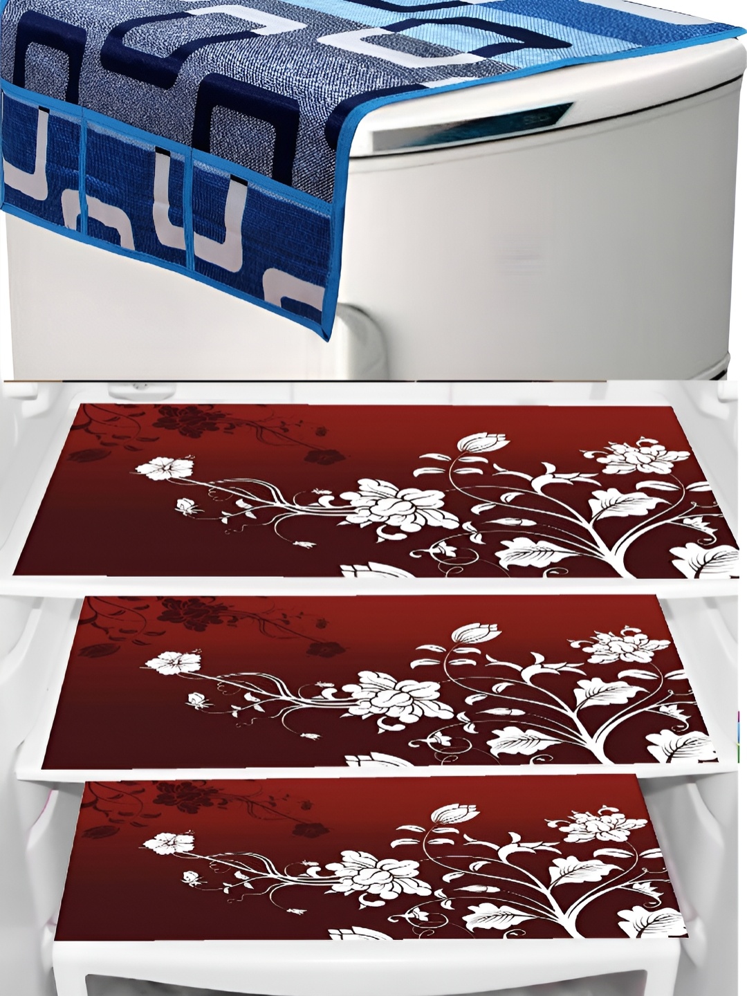 

REVEXO 4-pcs Blue & Maroon Printed Refrigerator Covers