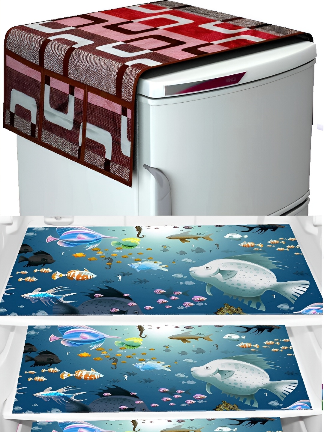 

REVEXO 4-pcs Red & Blue Printed Refrigerator Covers