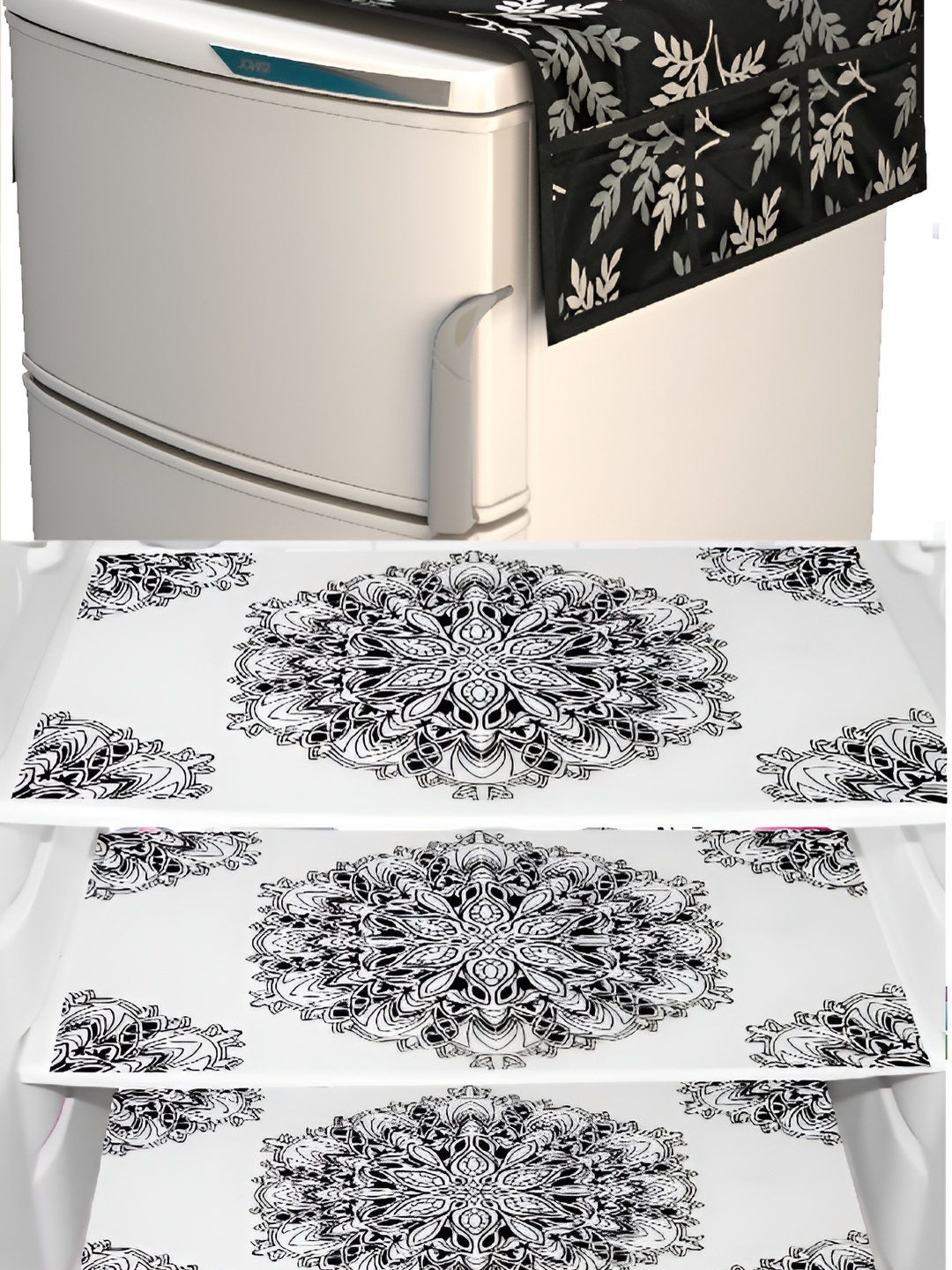 

REVEXO 4-pcs White & Black Printed Refrigerator Covers