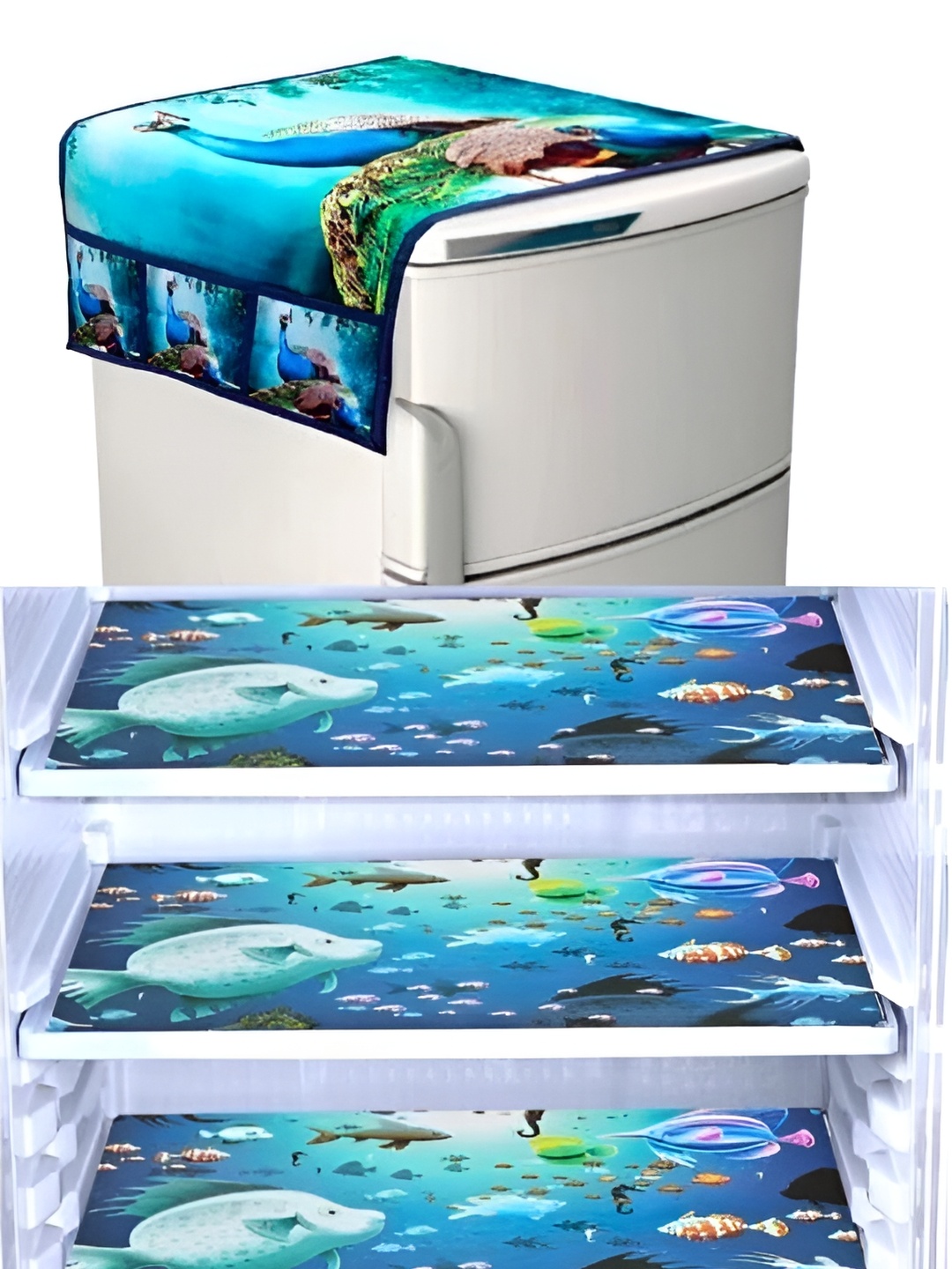 

REVEXO Blue & Green 4 Pieces Printed Refrigerator Covers