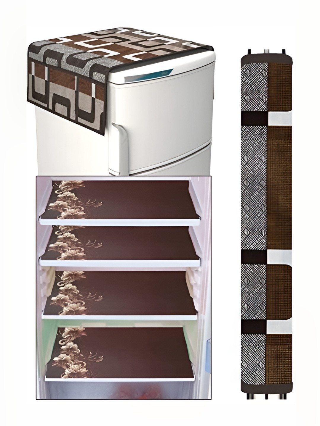 

REVEXO Brown & White 4 Pieces Printed Refrigerator Covers
