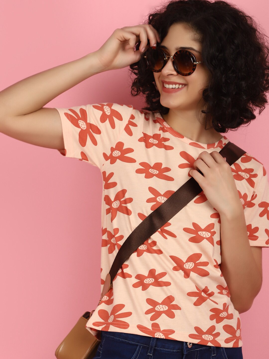 

V-Mart Floral Printed Round Neck Cotton T-shirt, Pink
