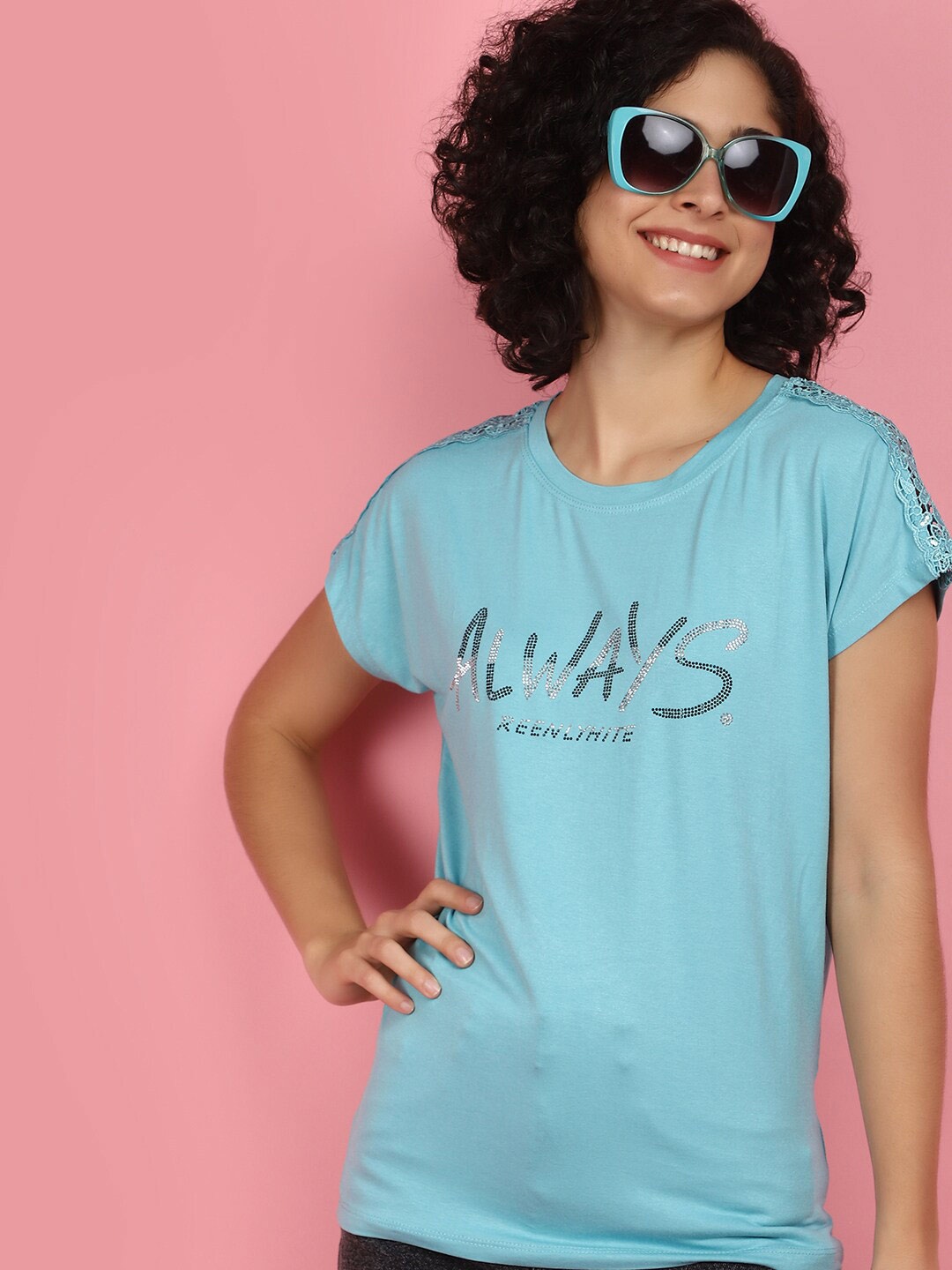 

V-Mart Typography Printed Embellished Cotton T-shirt, Blue