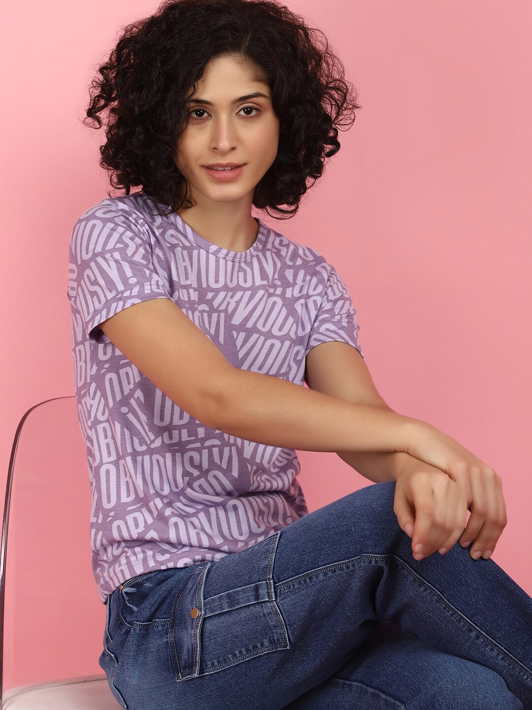 

V-Mart Round Neck Short Sleeves Typographic Printed Regular Fit Cotton T-shirt, Lavender