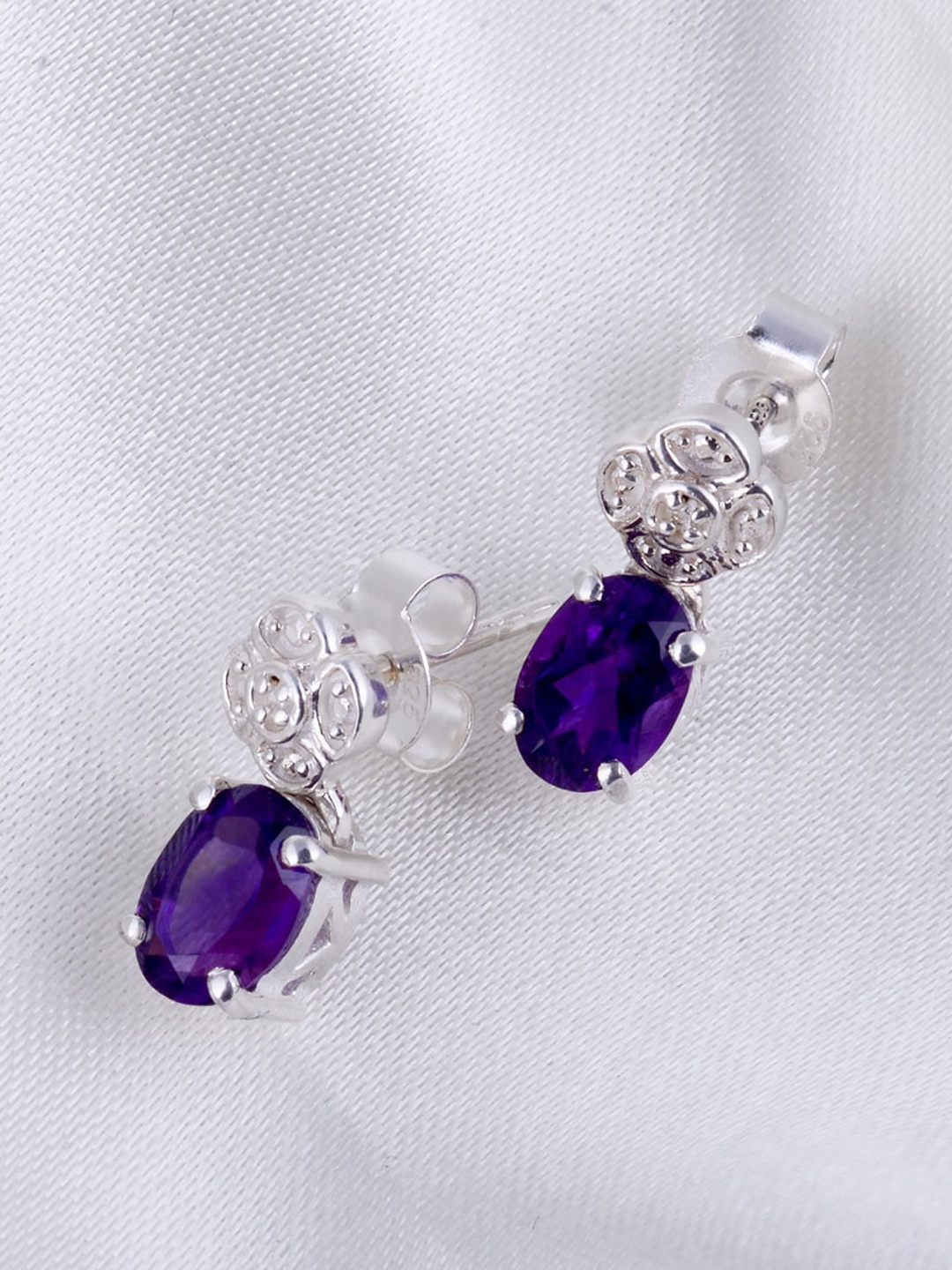 

HIFLYER JEWELS 925 Sterling Silver Amethyst Stone Studded Oval Drop Earrings