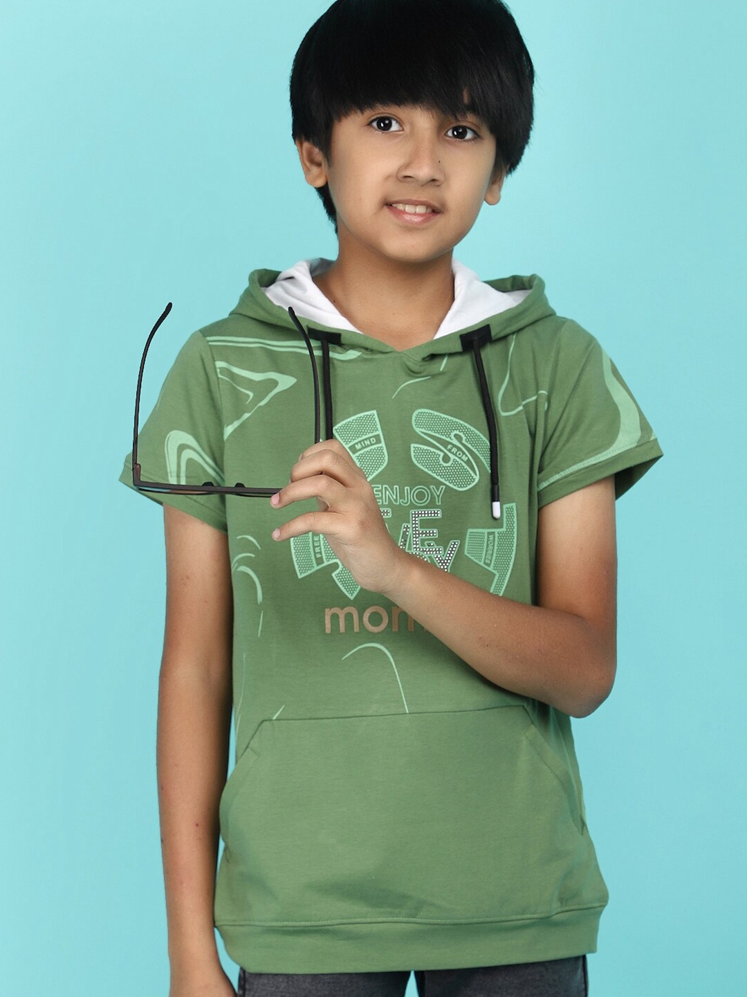 

V-Mart Boys Graphic Printed Hooded Cotton T-shirt, Green