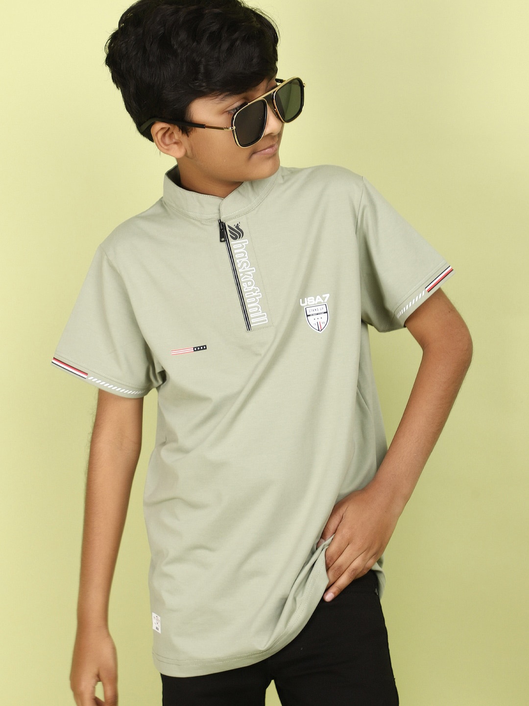 

V-Mart Boys Mandarin Collar Short Sleeves Cotton Casual T-shirt, Green