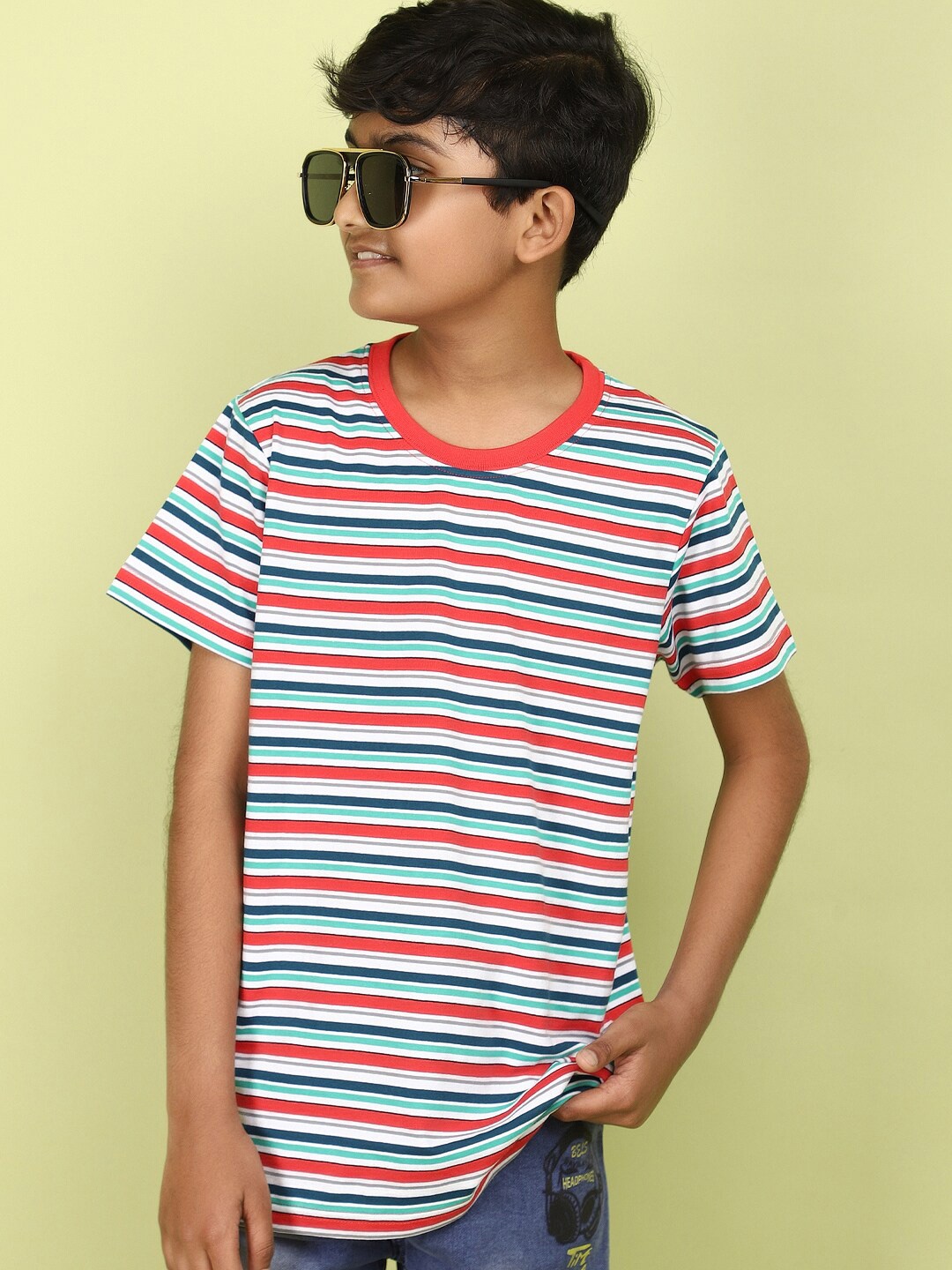 

V-Mart Boys Striped Cotton T-shirt, Red