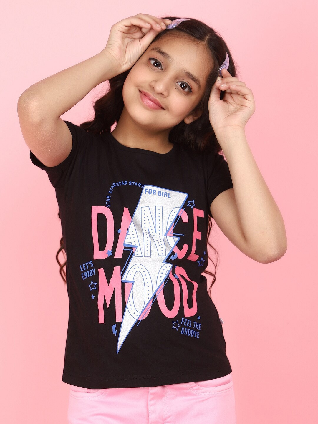 

V-Mart Girls Typography Printed Cotton T-shirt, Black