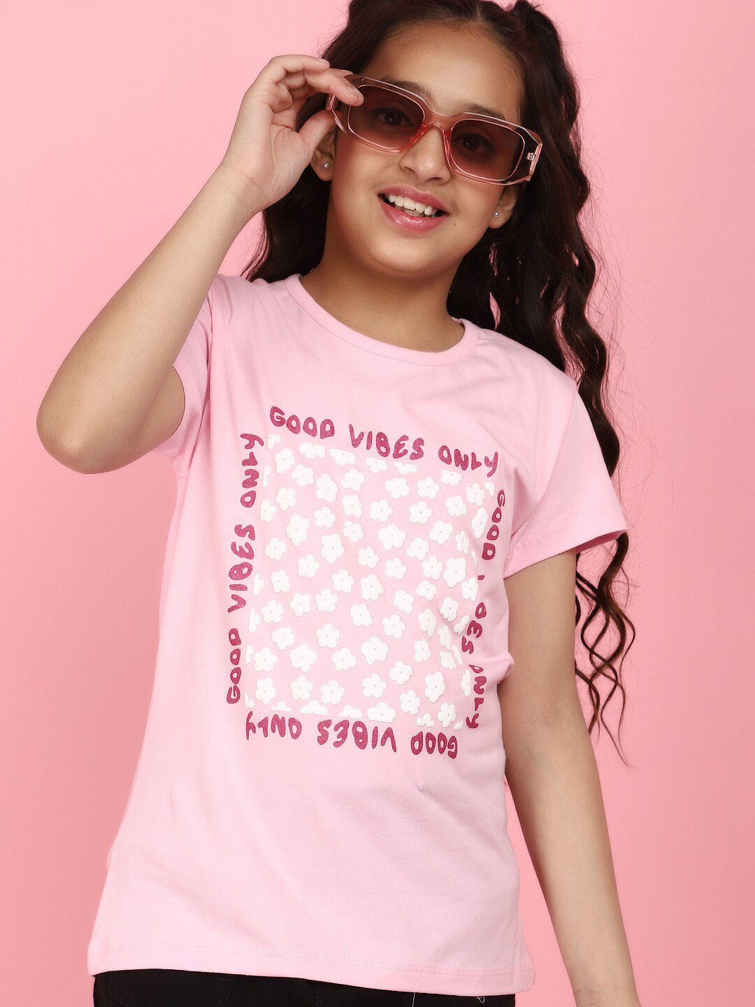 

V-Mart Girls Floral Printed Cotton T-shirt, Pink