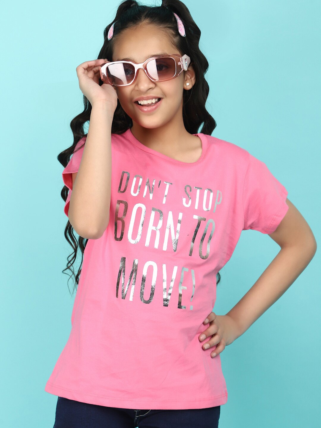 V-Mart Girls Typography Printed Round Neck Short Sleeves Cotton T-shirt, Pink