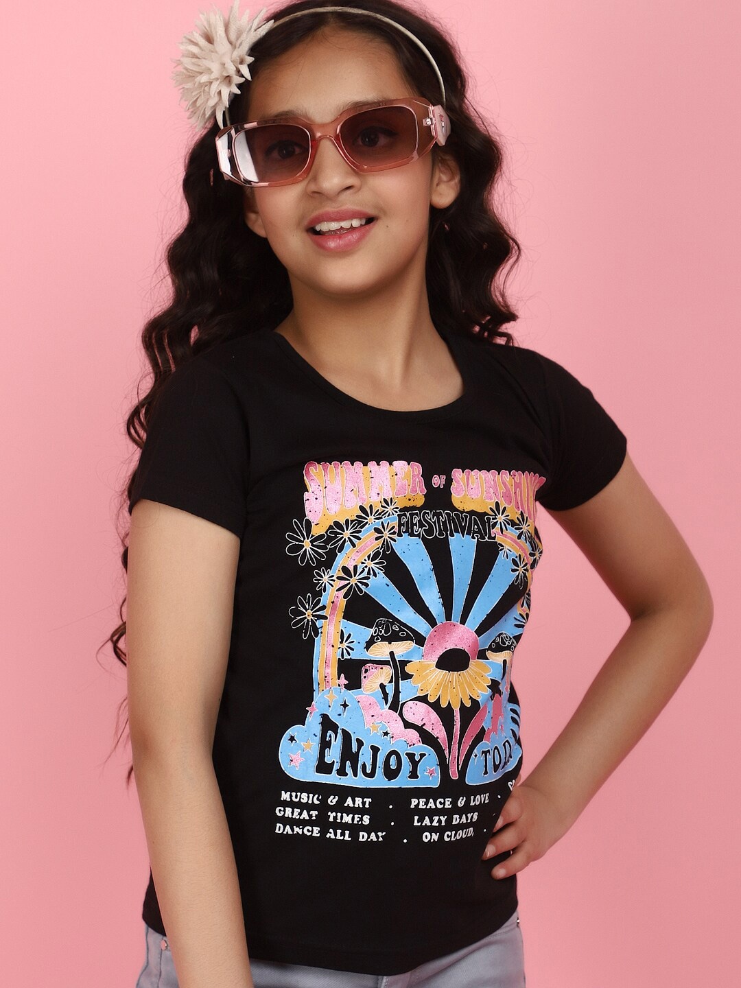 

V-Mart Girls Typography Printed Cotton T-shirt, Black