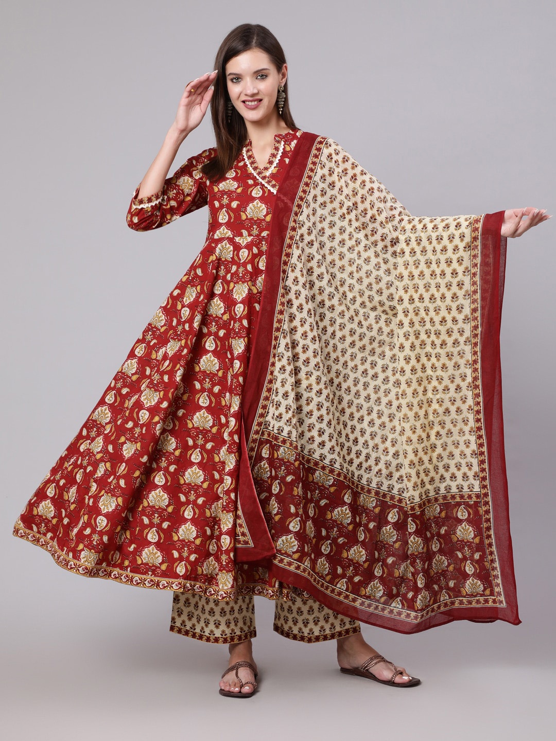 

GULMOHAR JAIPUR Ethnic Motifs Printed A-Line Pure Cotton Kurta with Trousers & Dupatta, Maroon