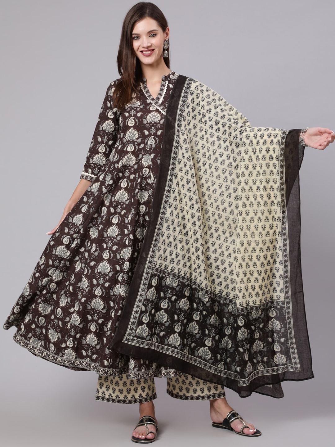 

GULMOHAR JAIPUR Ethnic Motifs Printed A-Line Pure Cotton Kurta with Trousers & Dupatta, Brown