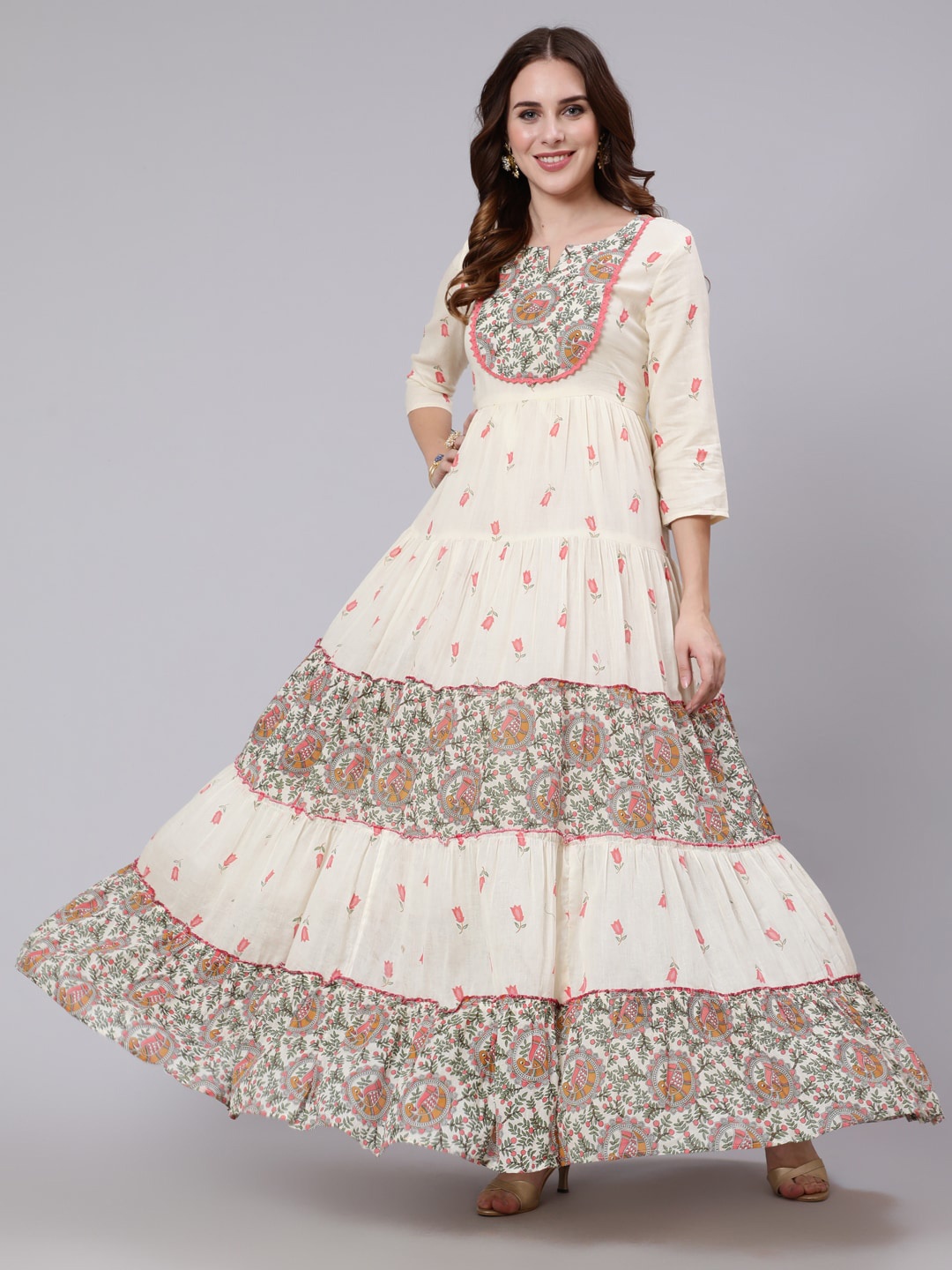 

GULMOHAR JAIPUR Floral Printed Notch Neck Gotta Patti Cotton Anarkali Kurta, White